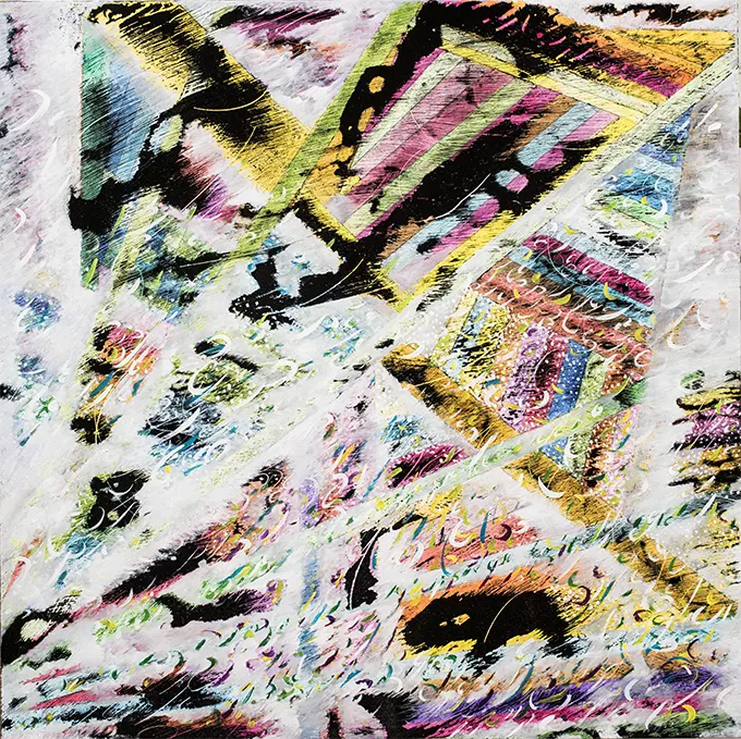 70S Maria Camilla Pallavicini Geometria4 Paesaggio spaziale 2016 pittura su tavola cm80x80